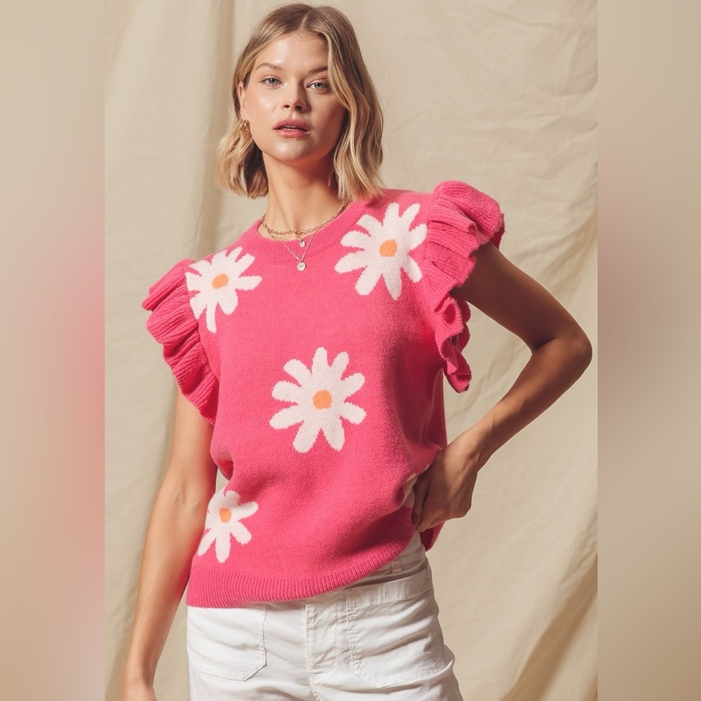 So Me Fuchsia Daisy Flower Sweater Top With Flutter Sleeves - Picture 4 of 4